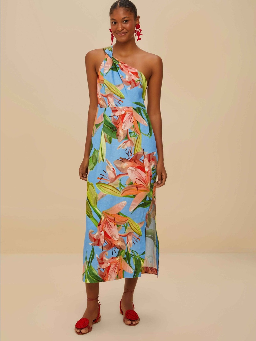 FARM Rio Blue Sunny Day One Shoulder Linen Maxi Dress L NWT